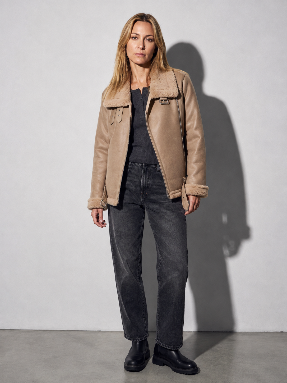 Code Culture catalog | womens-double-sided-suede-motorcycle-jacket | color-tan | full body