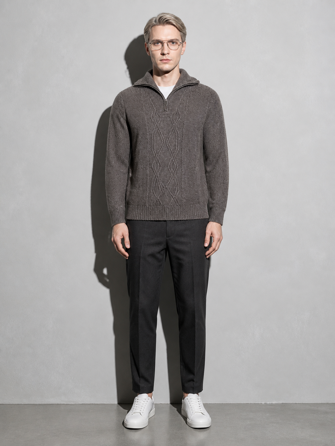 Code Culture catalog | pure-wool-sweater-half-height-zip-leisure-warm-sweater | misty-rain-camel | full body