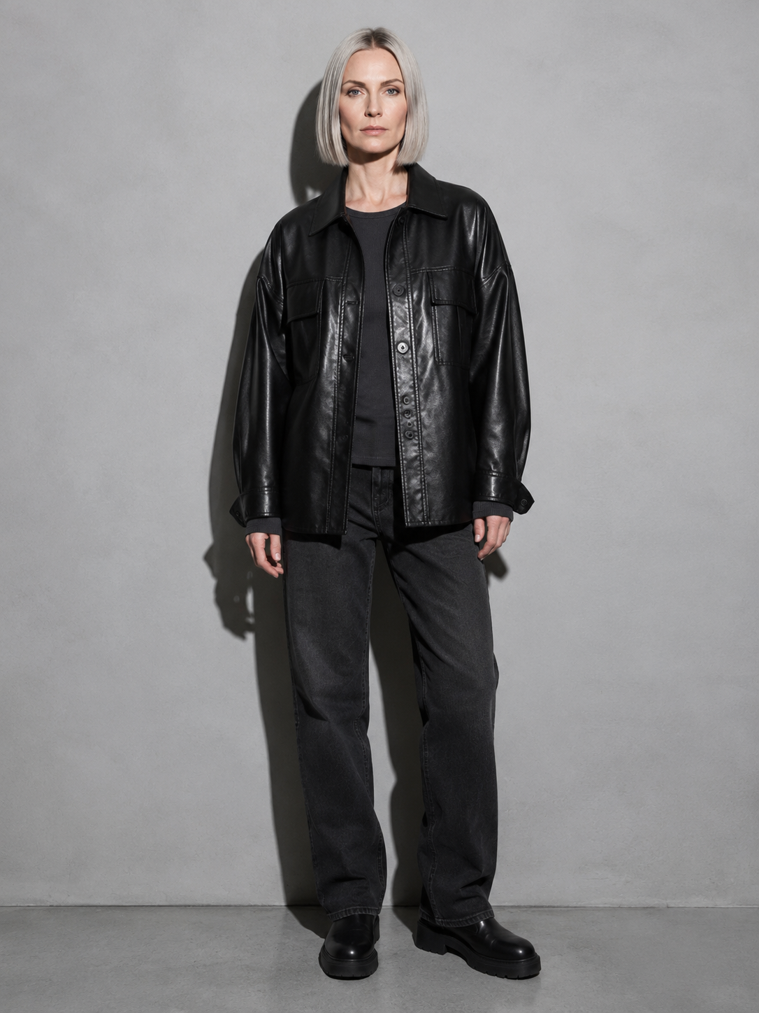Code Culture catalog | korean-style-lapel-loose-temperament-leather-jacket | color-black | full body
