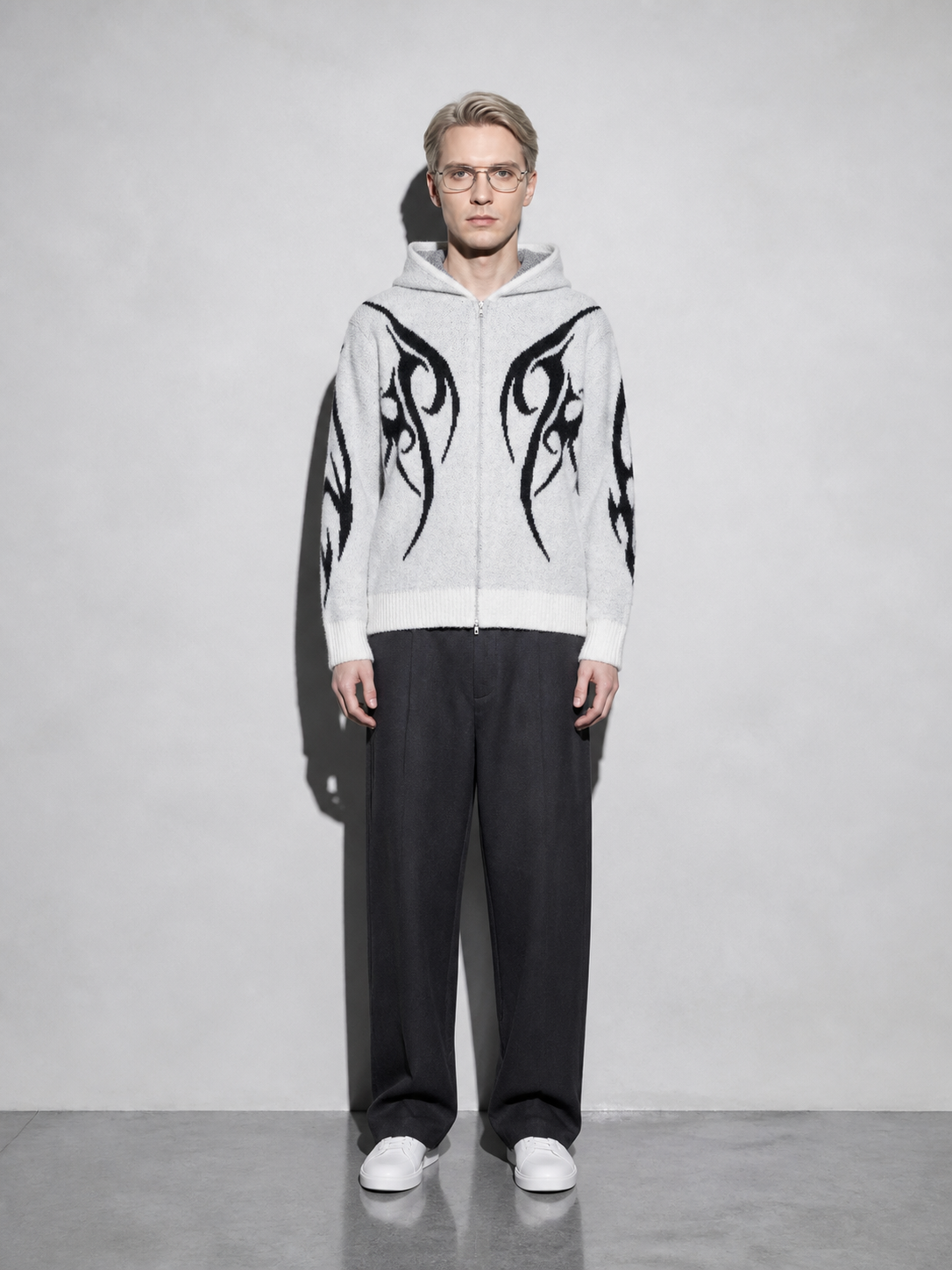 Code Culture catalog | totem-jacquard-contrast-color-hooded-zip-sweater | gray | full body