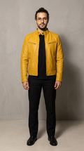 Code Culture catalog | mens-cardigan-zip-leather-jacket | yellow | full body