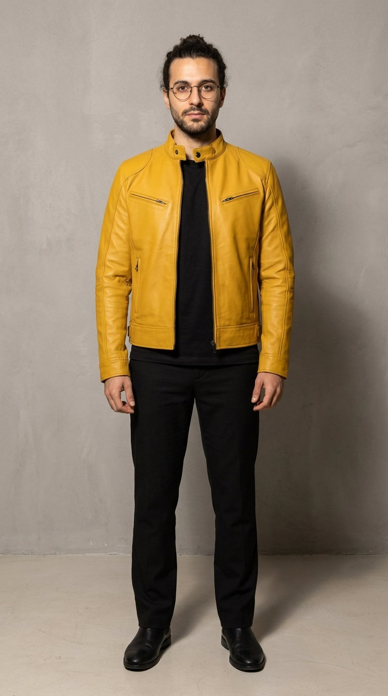 Code Culture catalog | mens-cardigan-zip-leather-jacket | yellow | full body