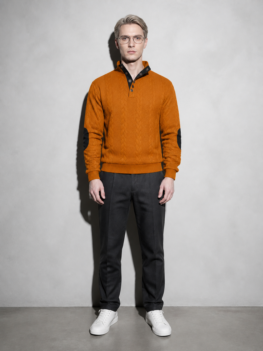 Code Culture catalog | stand-collar-long-sleeve-jacquard-knitted-pullover-sweater | brown2 | full body
