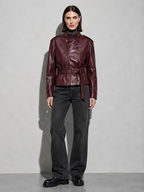 Code Culture catalog | womens-short-leather-jacket-with-lacing | color-wine-red | full body