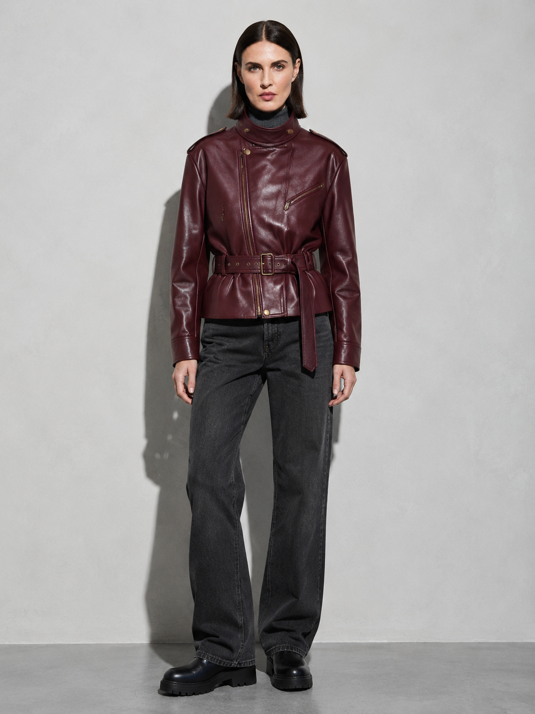 Code Culture catalog | womens-short-leather-jacket-with-lacing | color-wine-red | full body