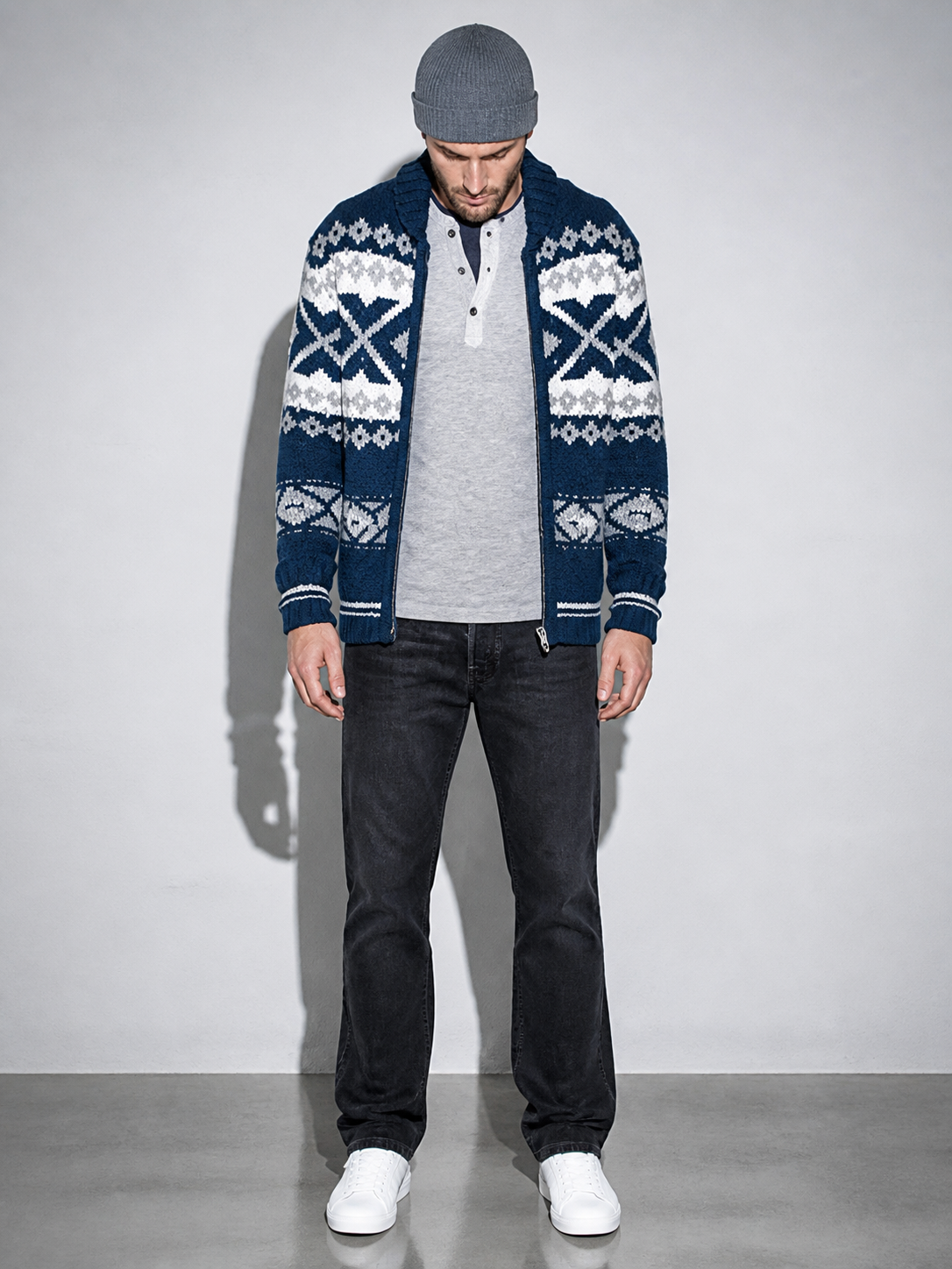 Code Culture catalog | long-sleeve-jacquard-sweater-coat | dark-blue | full body