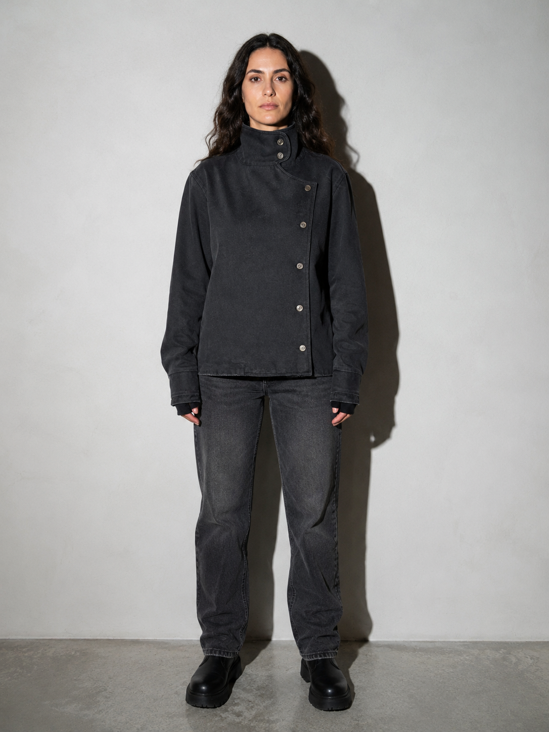 Code Culture catalog | washed-long-sleeve-denim-jacket-for-couples | color-black | full body