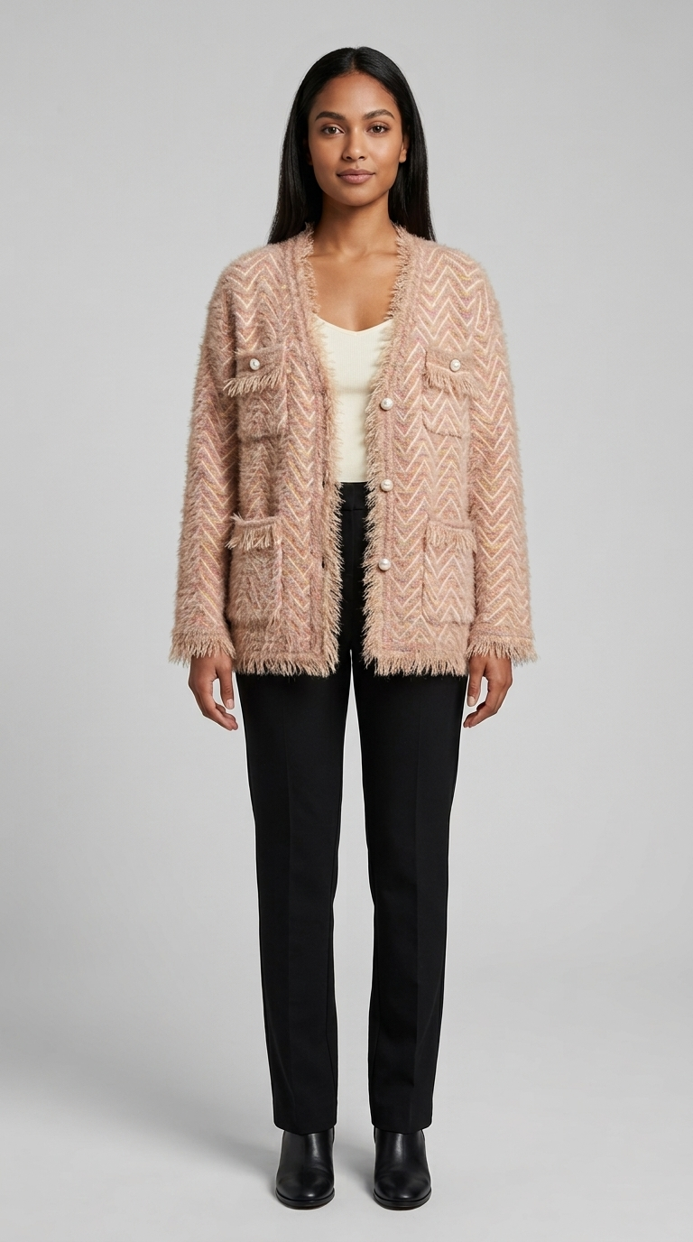 Code Culture catalog | womens-fringed-knitted-cardigan-coat | pink | full body