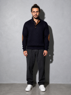 Code Culture catalog | stand-collar-long-sleeve-jacquard-knitted-pullover-sweater | navy-blue | full body