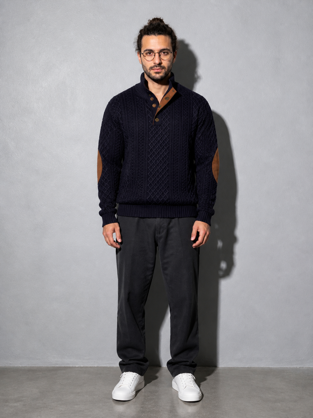 Code Culture catalog | stand-collar-long-sleeve-jacquard-knitted-pullover-sweater | navy-blue | full body
