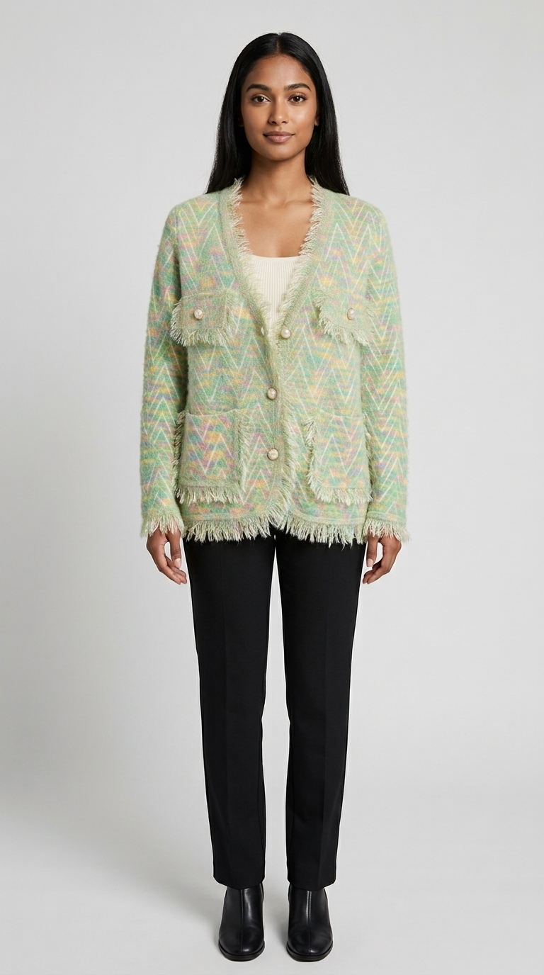 Code Culture catalog | womens-fringed-knitted-cardigan-coat | green | full body