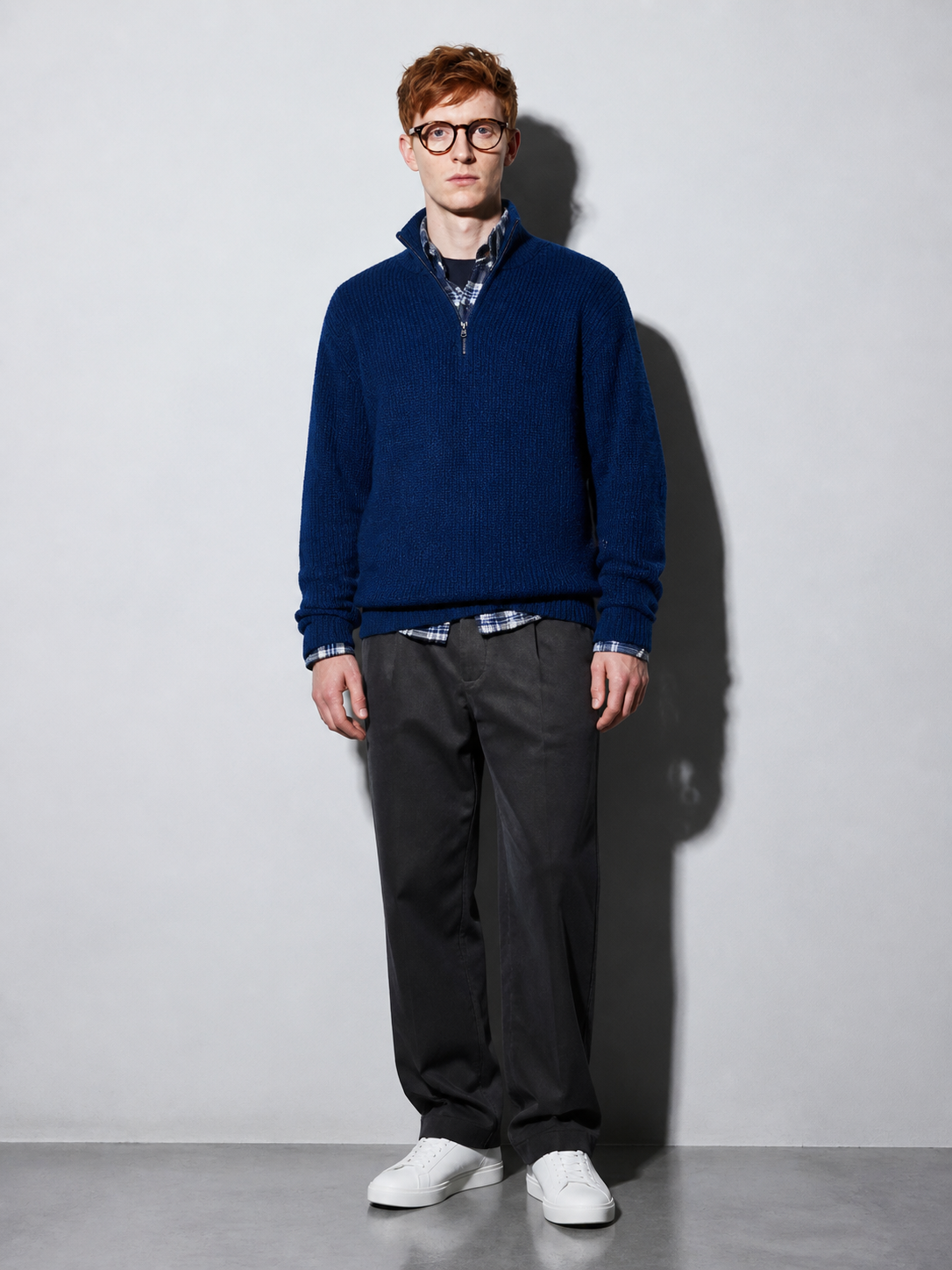 Code Culture catalog | mens-business-casual-loose-zip-stand-collar-sweater | navy-blue | full body