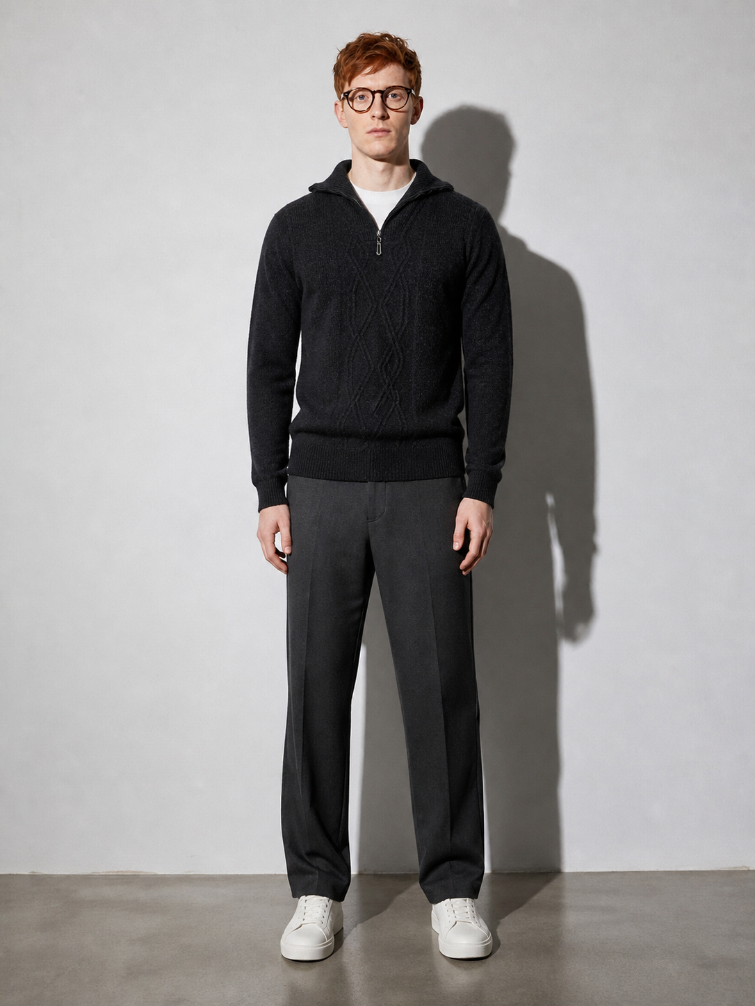 Code Culture catalog | pure-wool-sweater-half-height-zip-leisure-warm-sweater | black-gray | full body