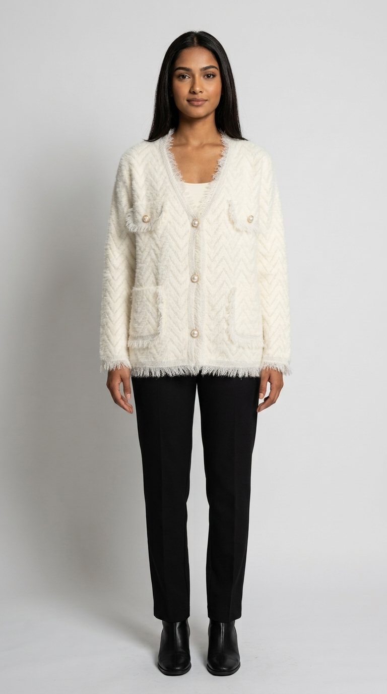 Code Culture catalog | womens-fringed-knitted-cardigan-coat | white | full body