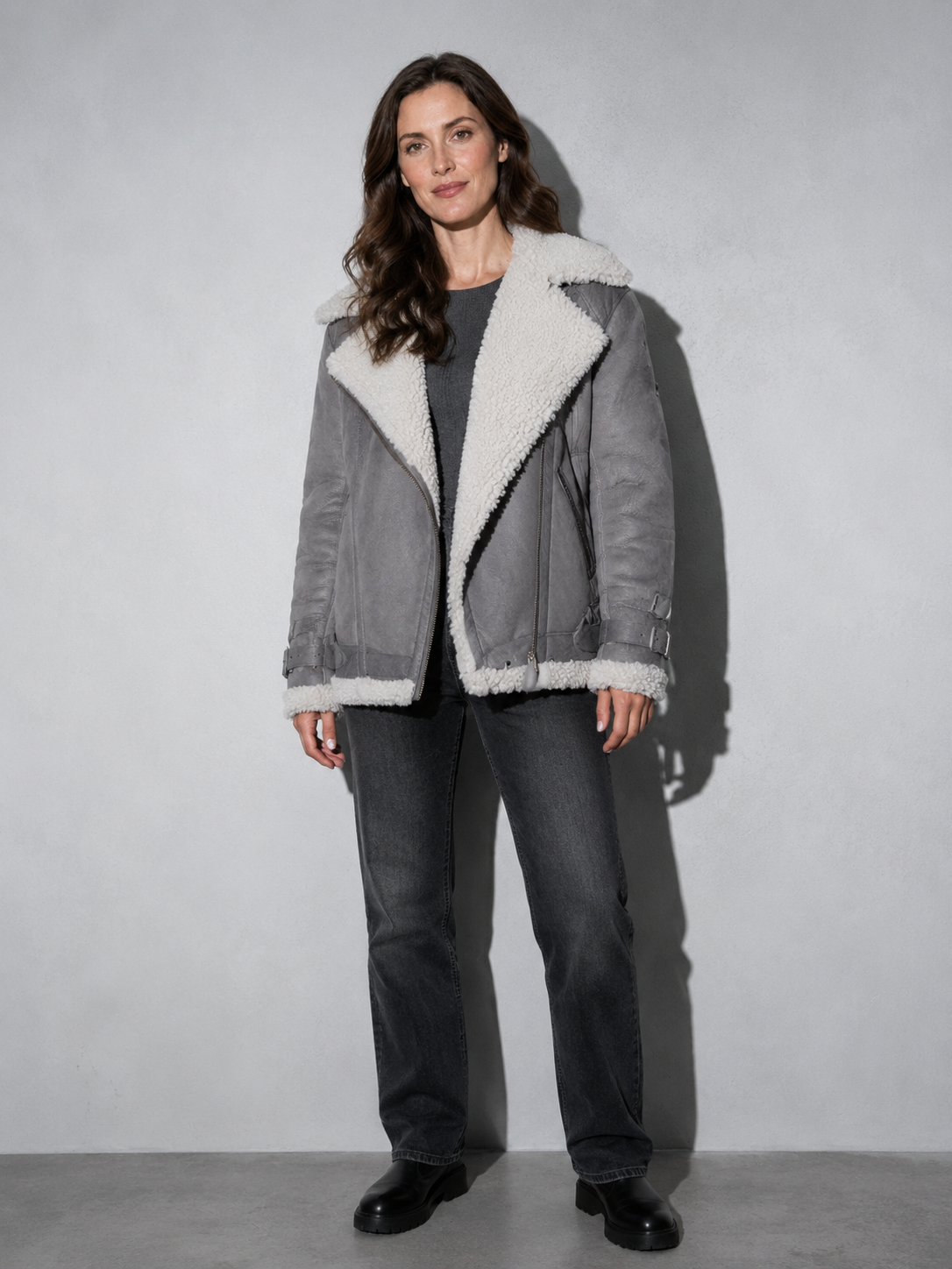 Code Culture catalog | motorcycle-suede-lamb-wool-jacket-womens-lapel-fur-cotton-coat-autumn-and-winter-womens-jacket | color-gray | full body