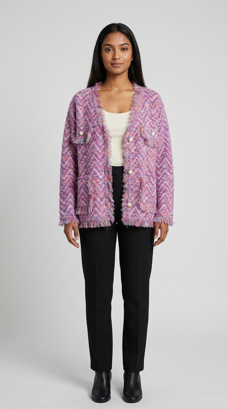Code Culture catalog | womens-fringed-knitted-cardigan-coat | purple | full body