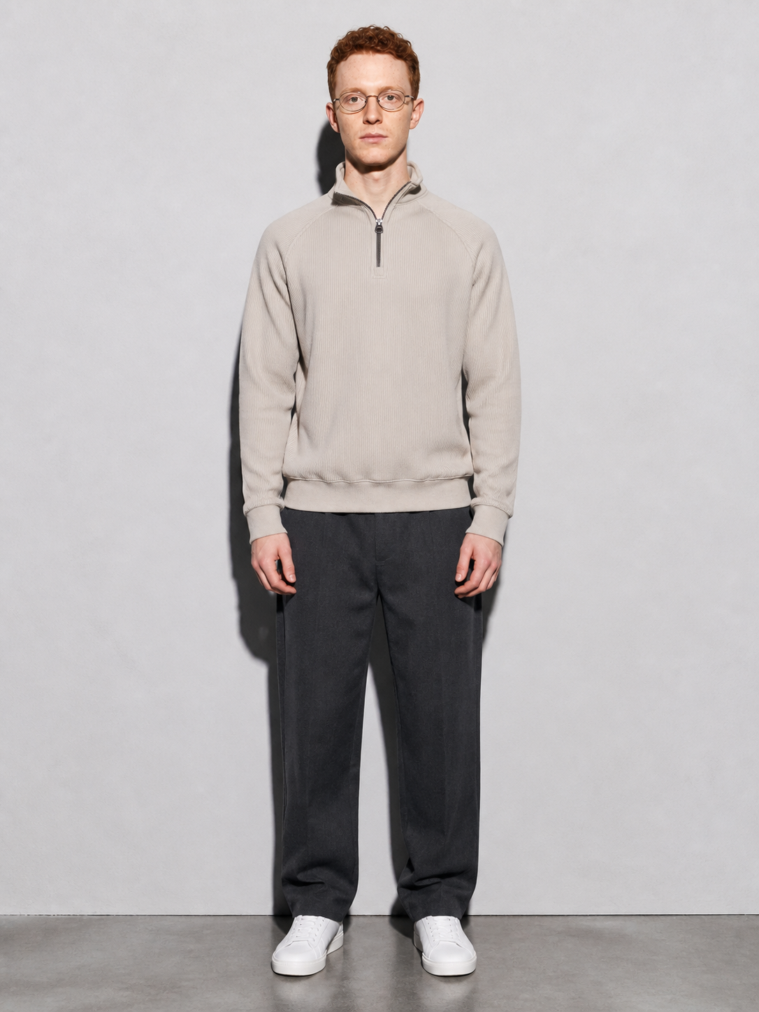 Code Culture catalog | european-and-american-half-zipper-sweater-stand-up-collar-all-match-fleece-mens-sweater-top | apricot | full body