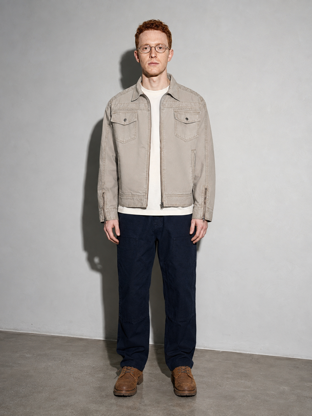 Code Culture catalog | retro-short-zip-up-washed-workwear-jacket | color-light-apricot | full body