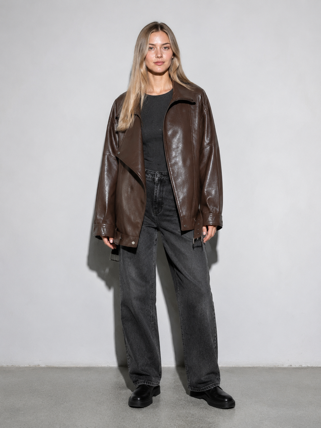 Women's Faux-Leather Jacket - Vintage Zip, Leather Look - Brown mockup