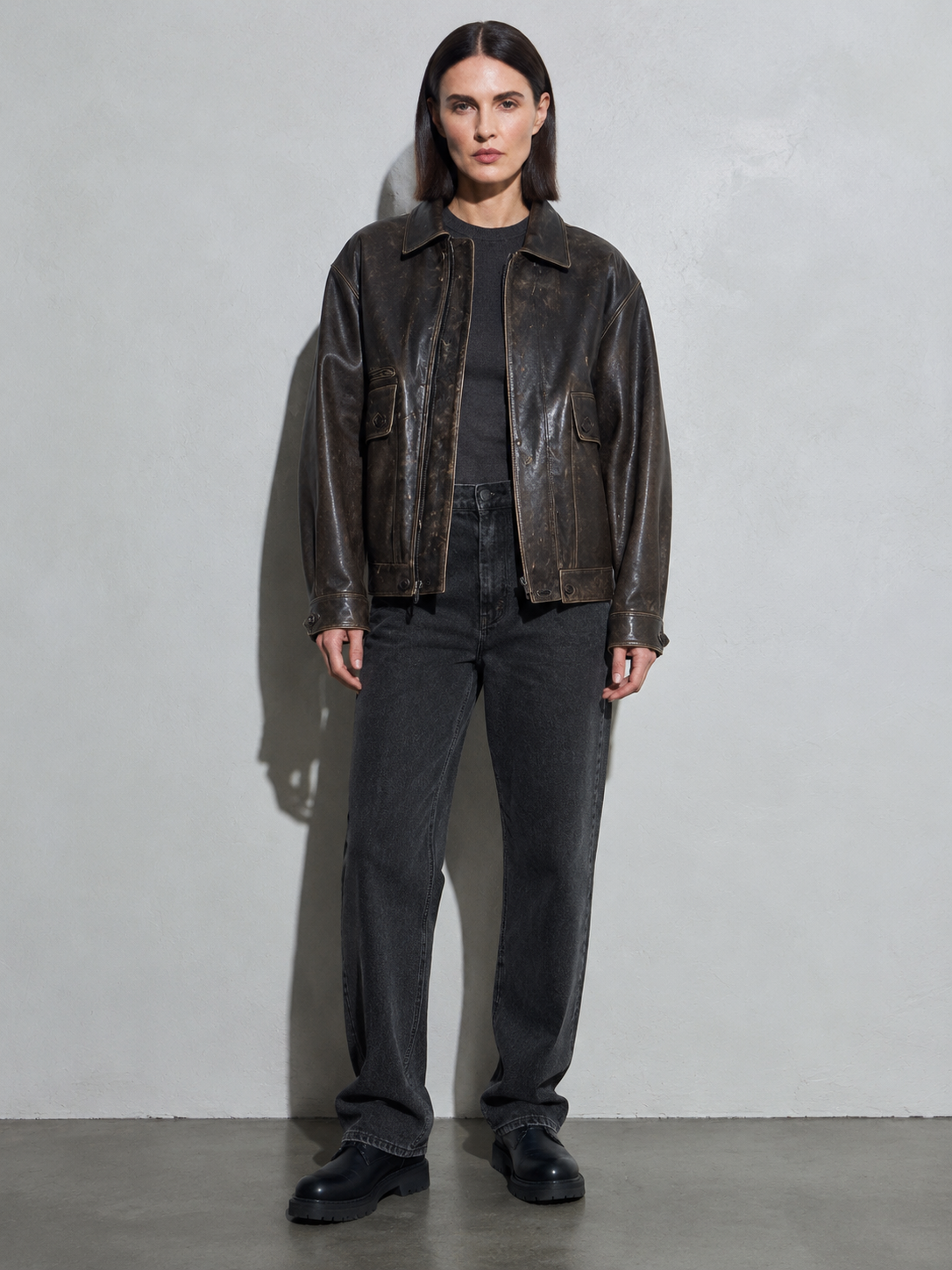 Code Culture catalog | jacket-coat-retro-washed-brushed-brown-distressed | color-brown-distressed-leather-coat | full body