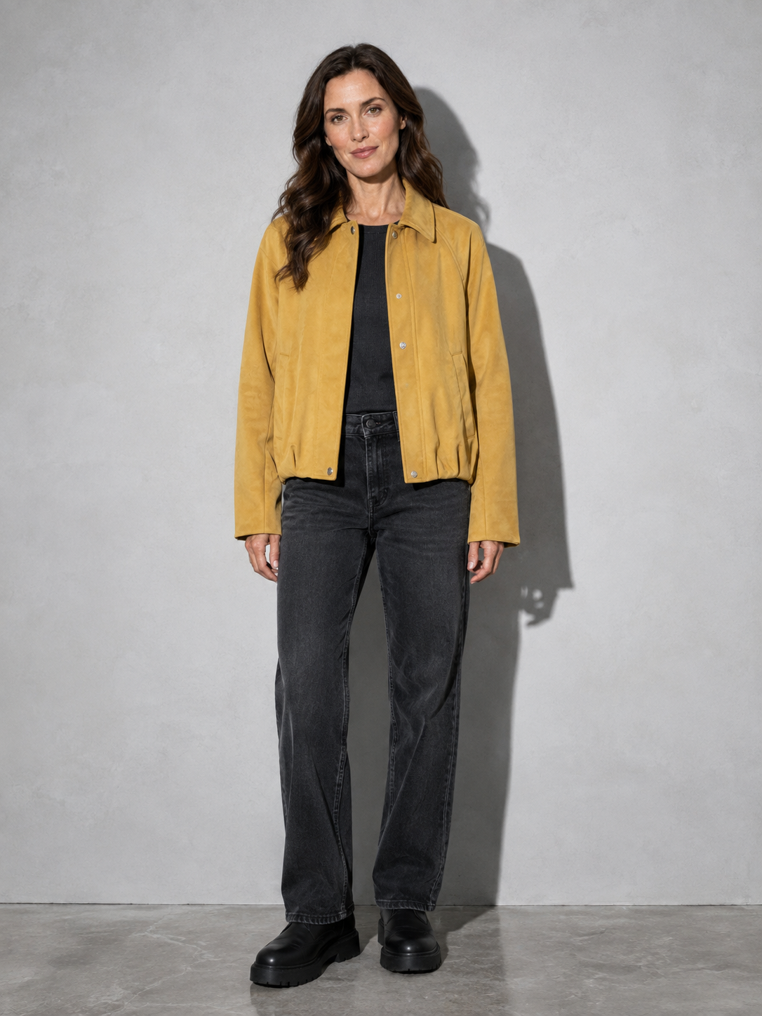 Code Culture catalog | womens-fashion-suede-bomber-jacket-coat | color-ginger-yellow | full body