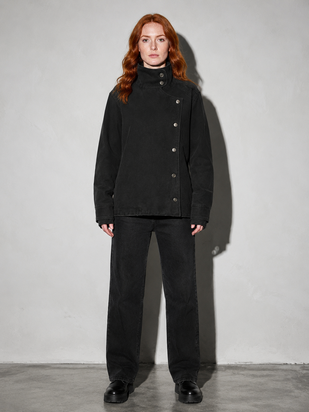 Code Culture catalog | washed-long-sleeve-denim-jacket-for-couples | color-black-set | full body