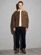 Code Culture catalog | asymmetric-color-contrast-patchwork-workwear-jacket | color-brown | full body