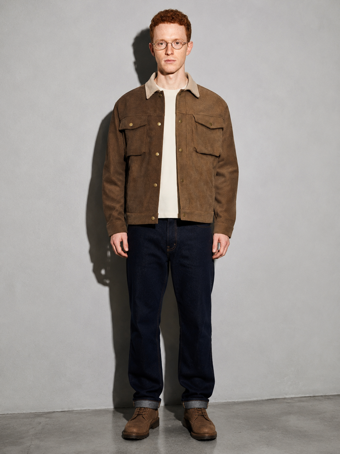 Code Culture catalog | asymmetric-color-contrast-patchwork-workwear-jacket | color-brown | full body