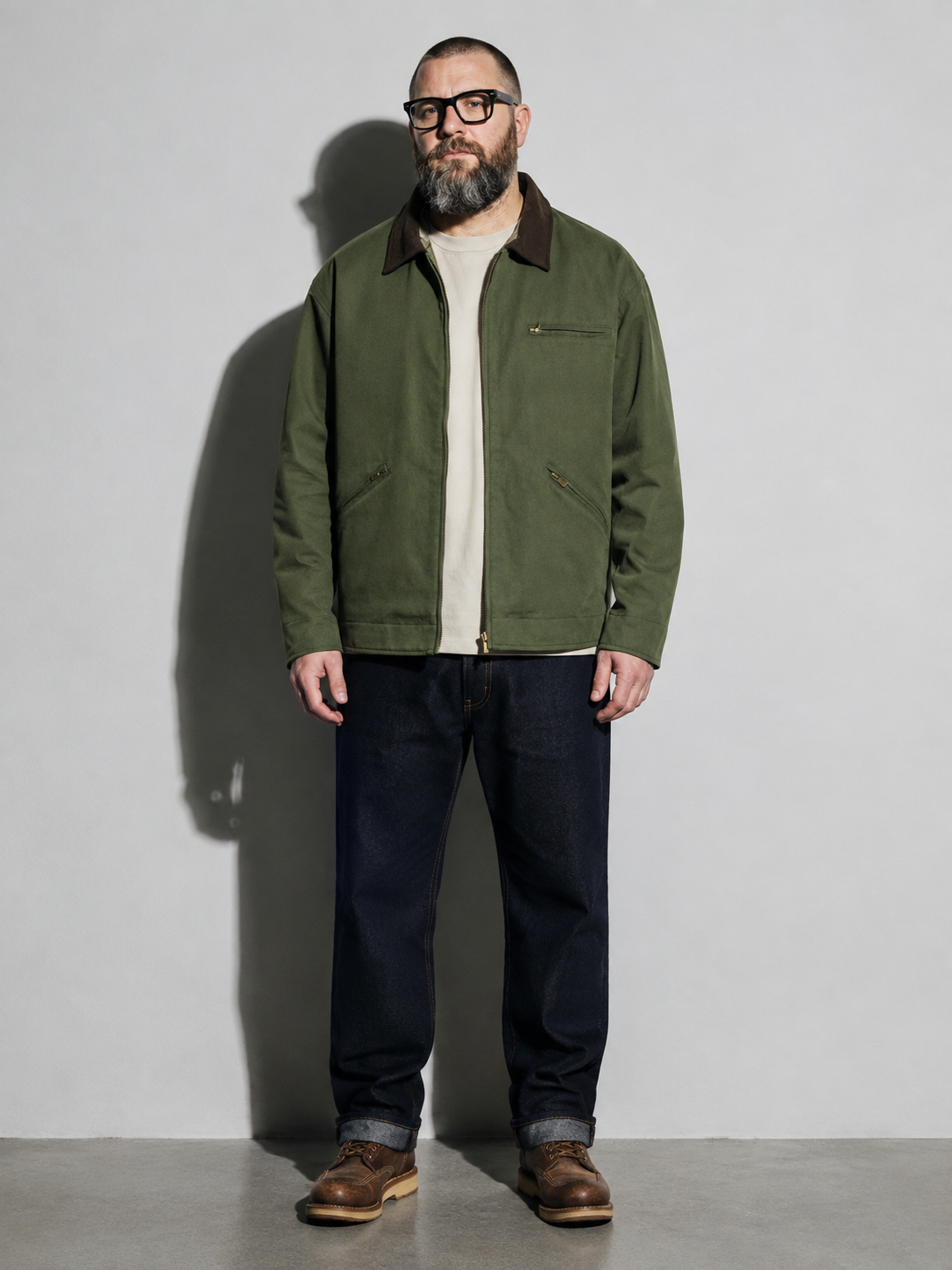 Code Culture catalog | american-workwear-retro-lapel-jacket | color-army-green | full body