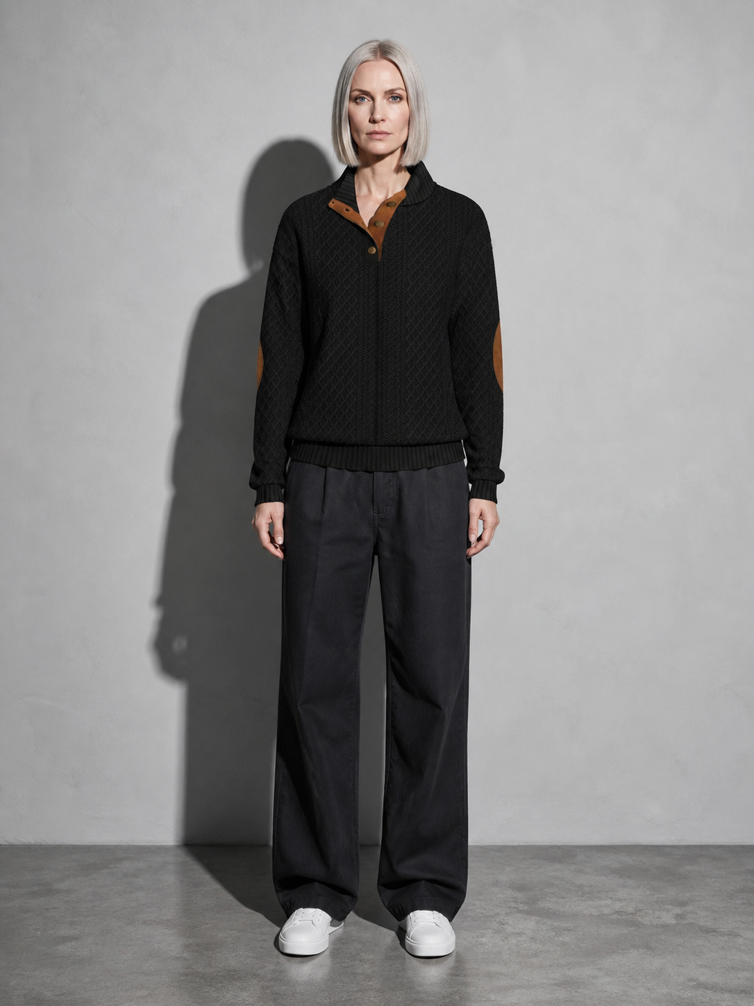Code Culture catalog | stand-collar-long-sleeve-jacquard-knitted-pullover-sweater | black | full body
