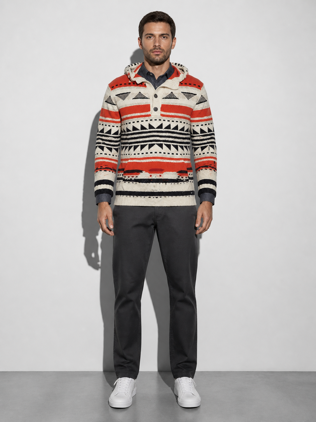 Code Culture catalog | hooded-sweater-mens-slim-jacquard-sweater-coat | red | full body