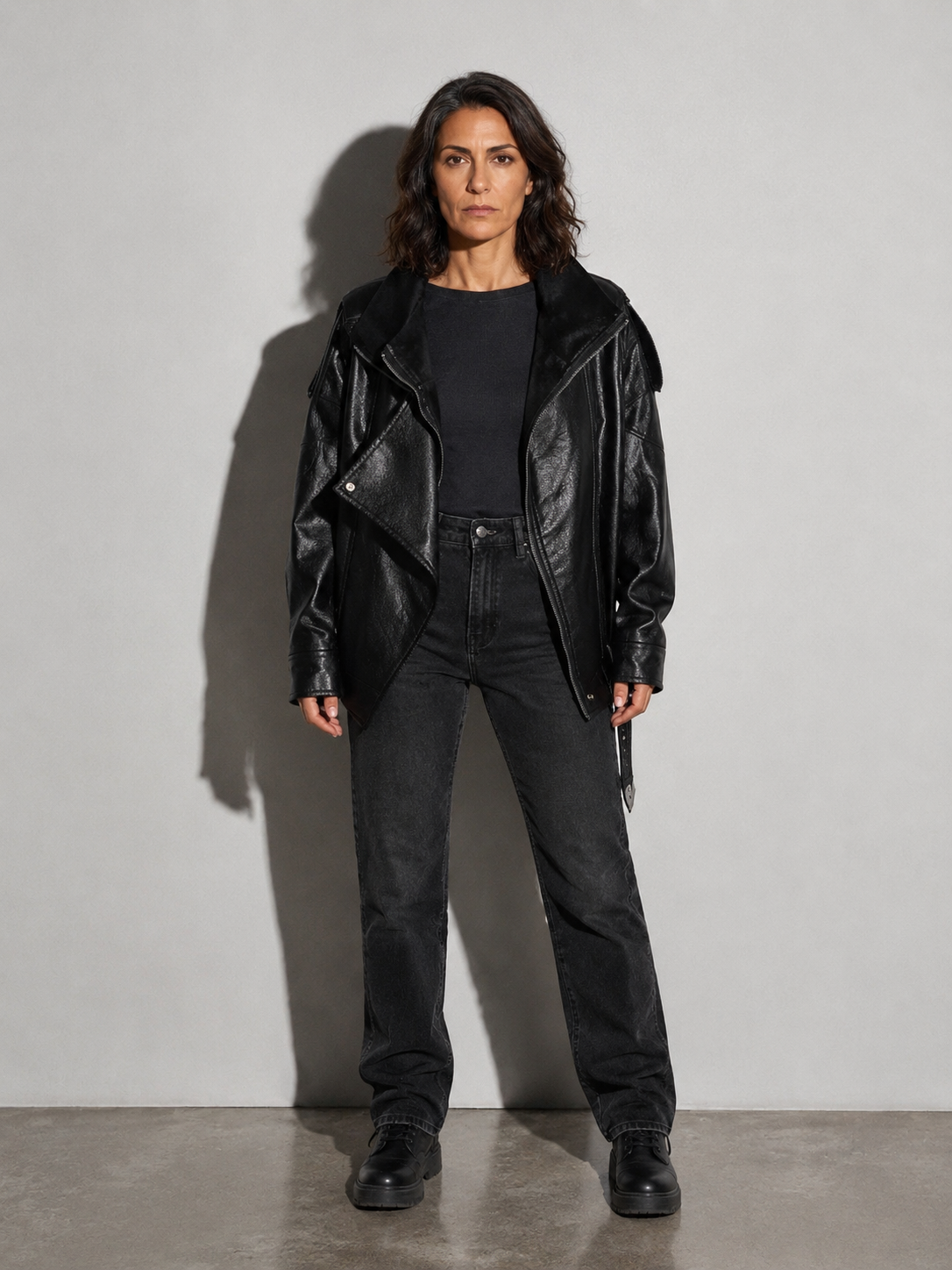 Women's Faux-Leather Jacket - Vintage Zip, Leather Look - Black mockup