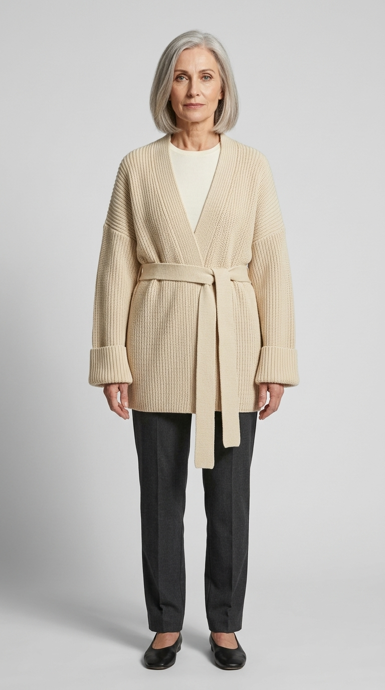 Code Culture catalog | cashmere-belt-knitted-cardigan-jacket | light-khaki | full body