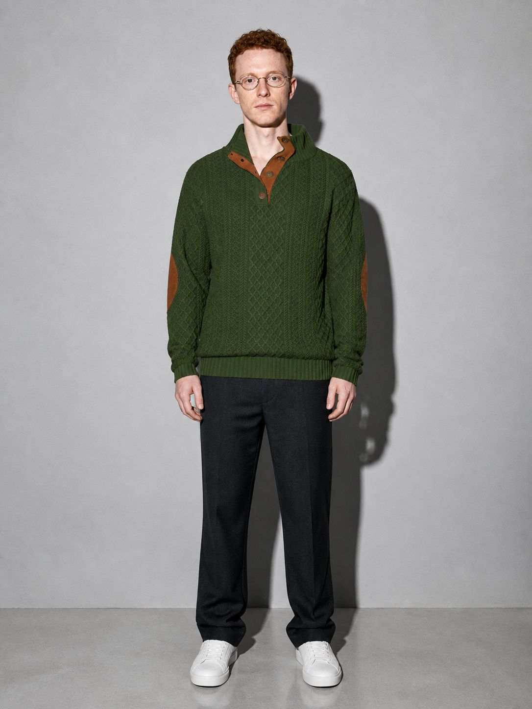 Code Culture catalog | stand-collar-long-sleeve-jacquard-knitted-pullover-sweater | army-green | full body