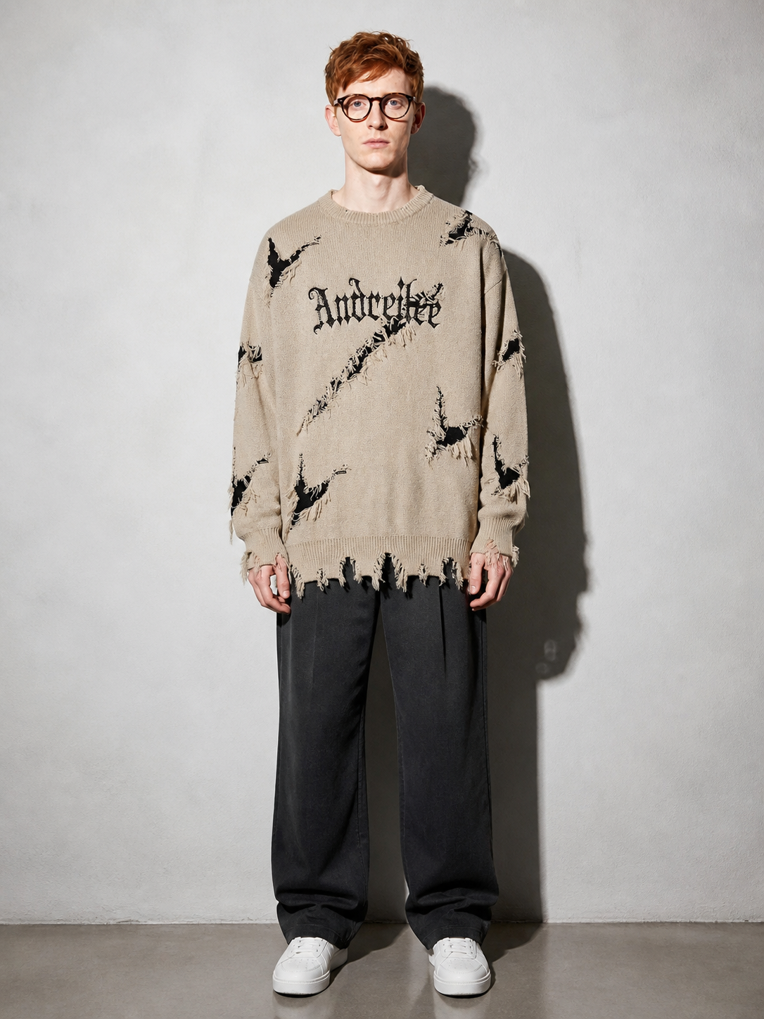 Code Culture catalog | new-personality-street-jacquard-ripped-frayed-vintage-loose-sweater | beige | full body