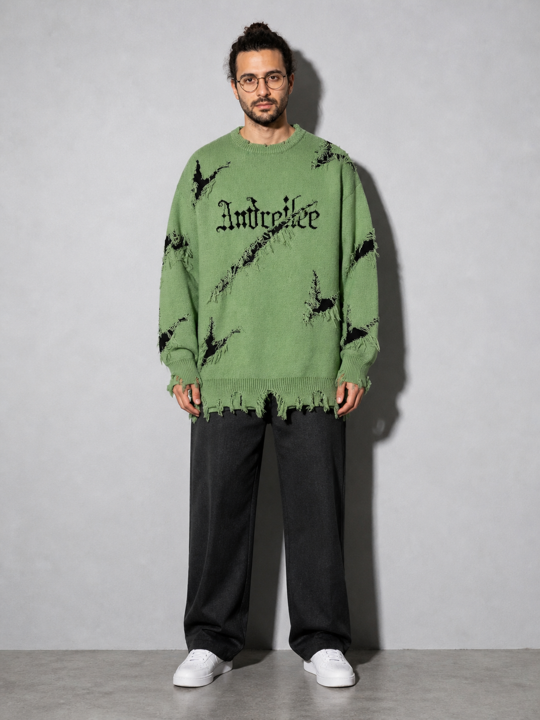 Code Culture catalog | new-personality-street-jacquard-ripped-frayed-vintage-loose-sweater | green | full body