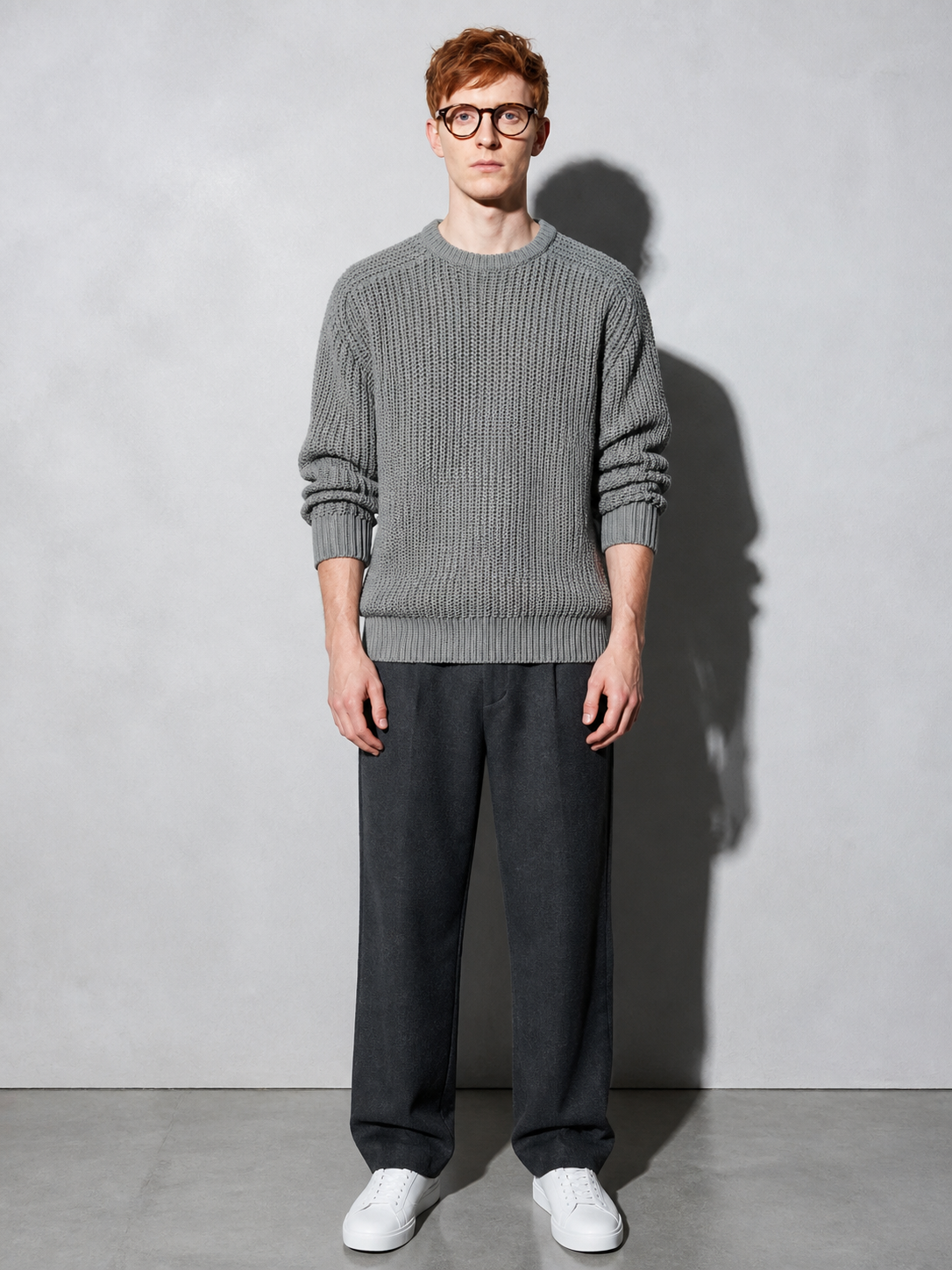Code Culture catalog | mens-solid-color-long-sleeve-round-neck-fashion-sweater-loose-retro-sweater | gray | full body