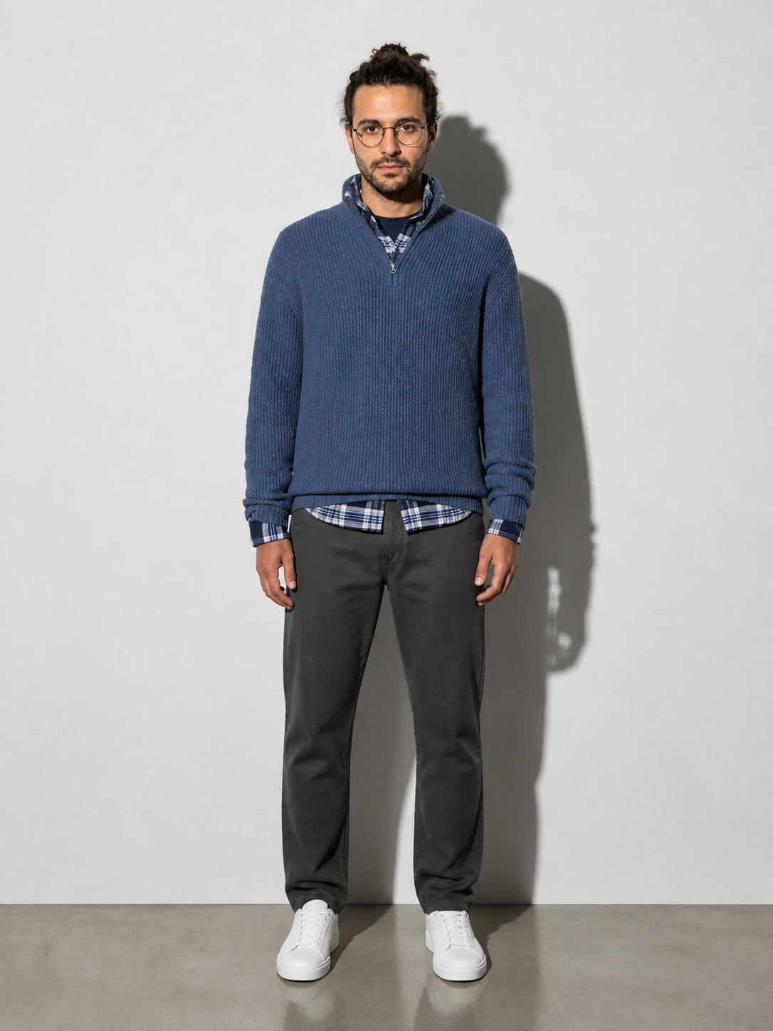 Code Culture catalog | mens-business-casual-loose-zip-stand-collar-sweater | blue | full body