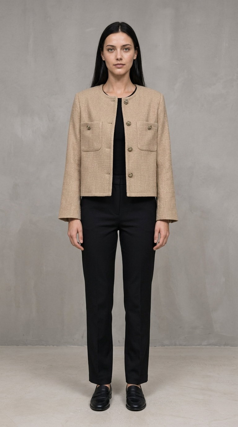 Code Culture catalog | womens-tweed-cardigan-coat | khaki | full body