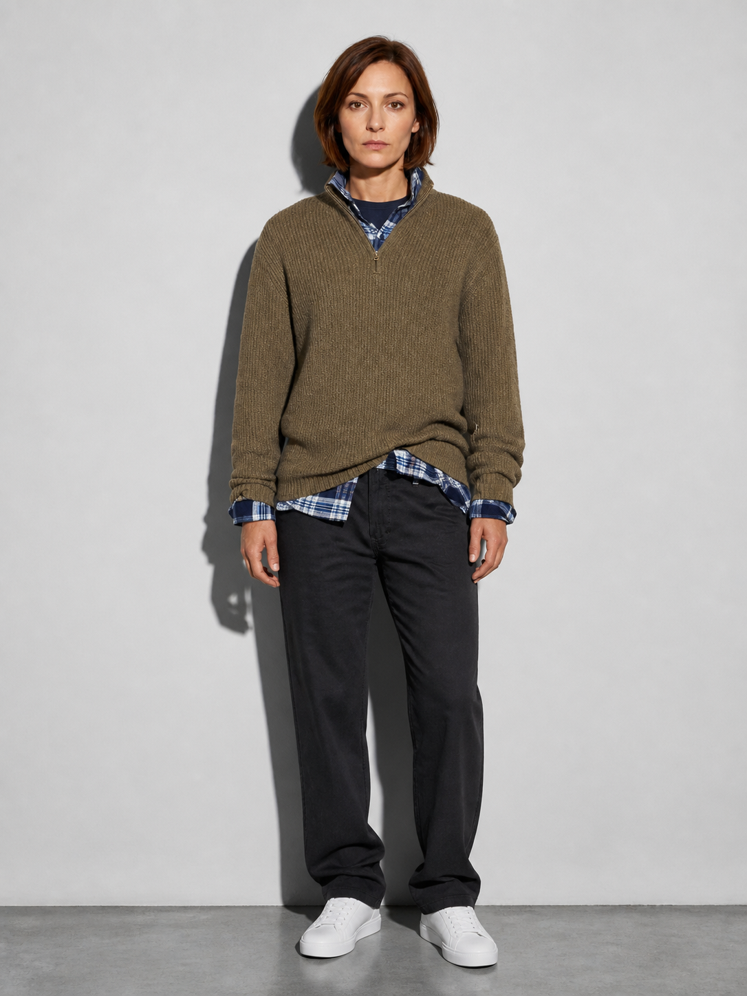 Code Culture catalog | mens-business-casual-loose-zip-stand-collar-sweater | brown | full body