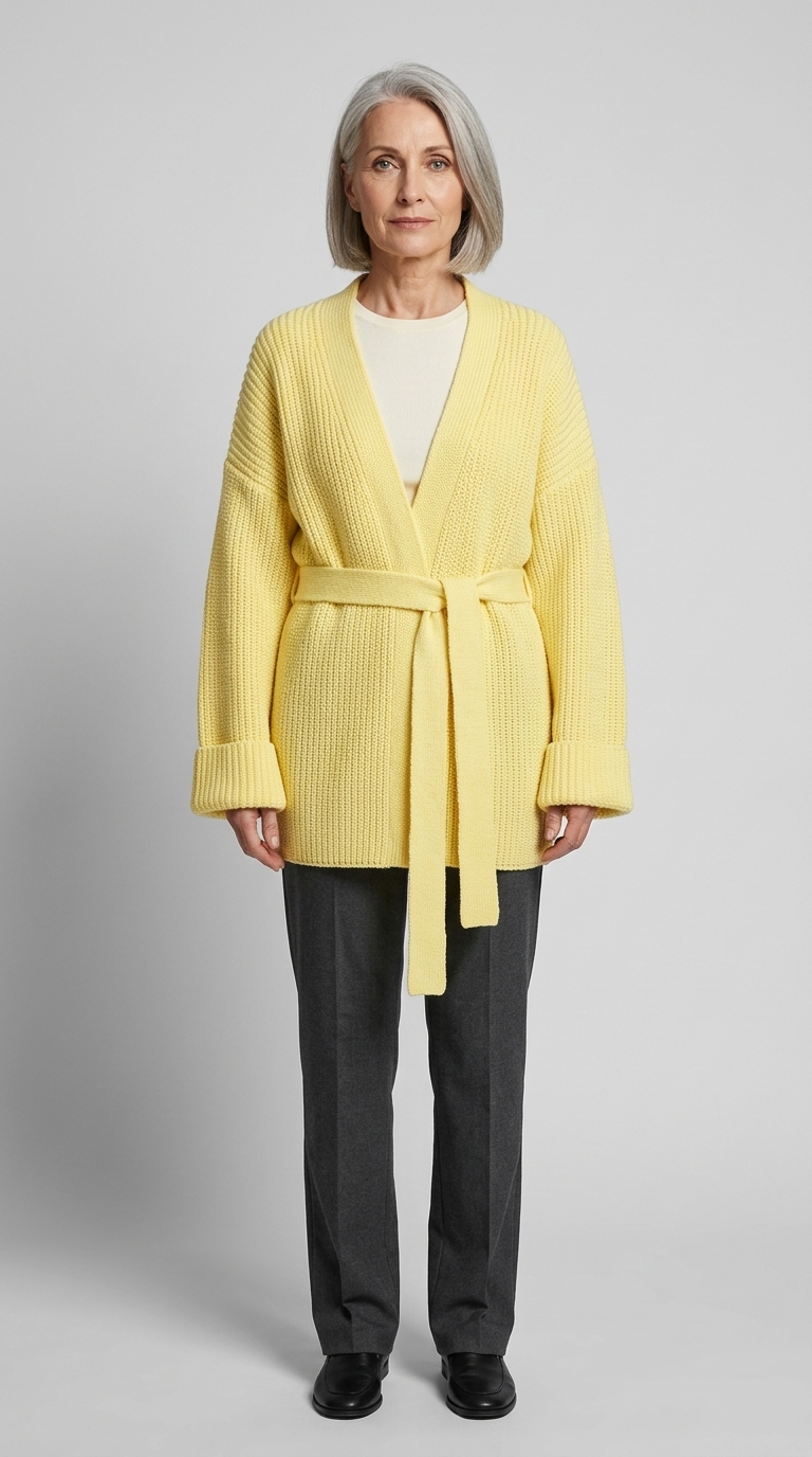 Code Culture catalog | cashmere-belt-knitted-cardigan-jacket | yellow | full body