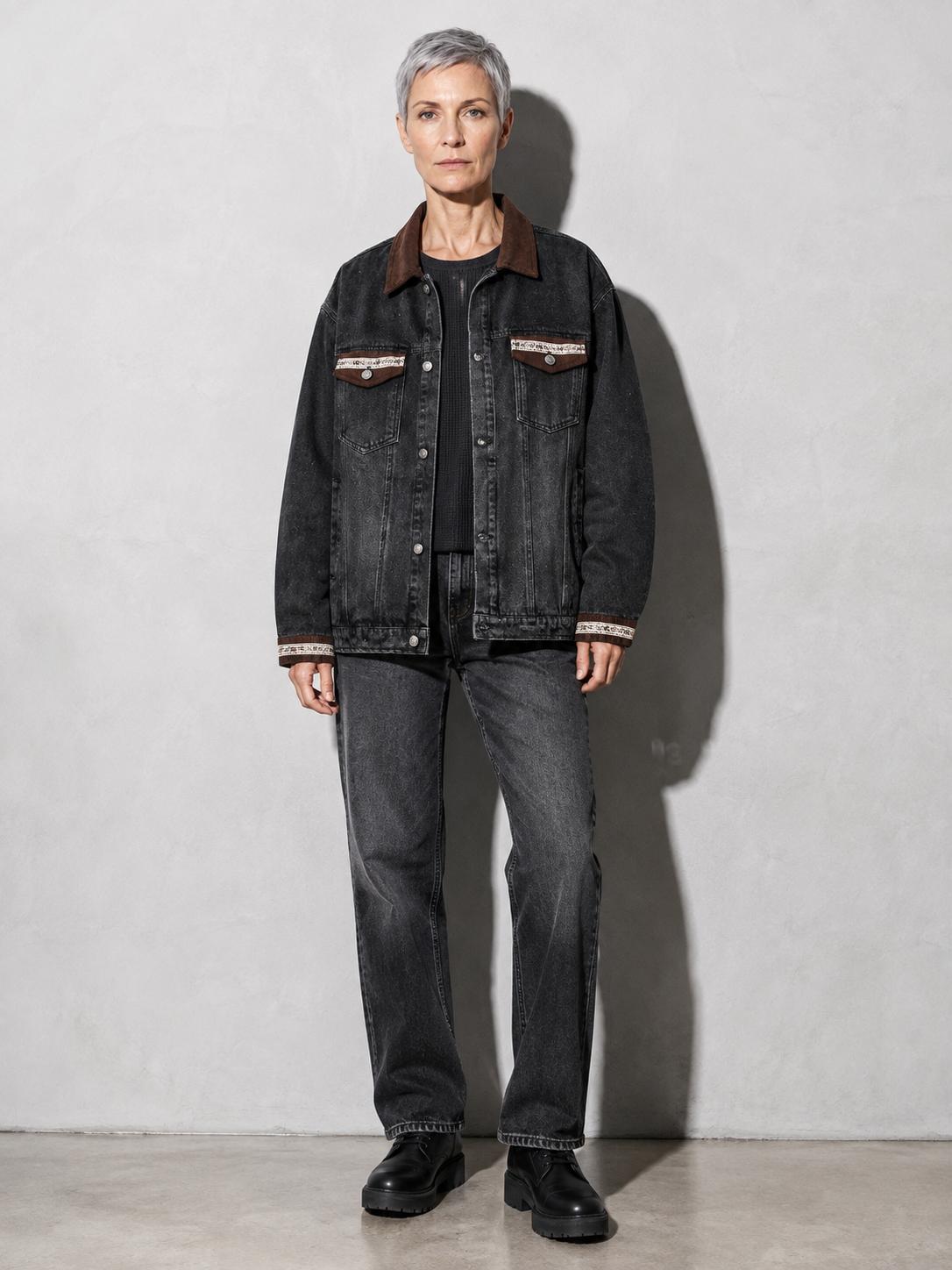 Code Culture catalog | punk-loose-wash-distressed-denim-jacket | color-black | full body