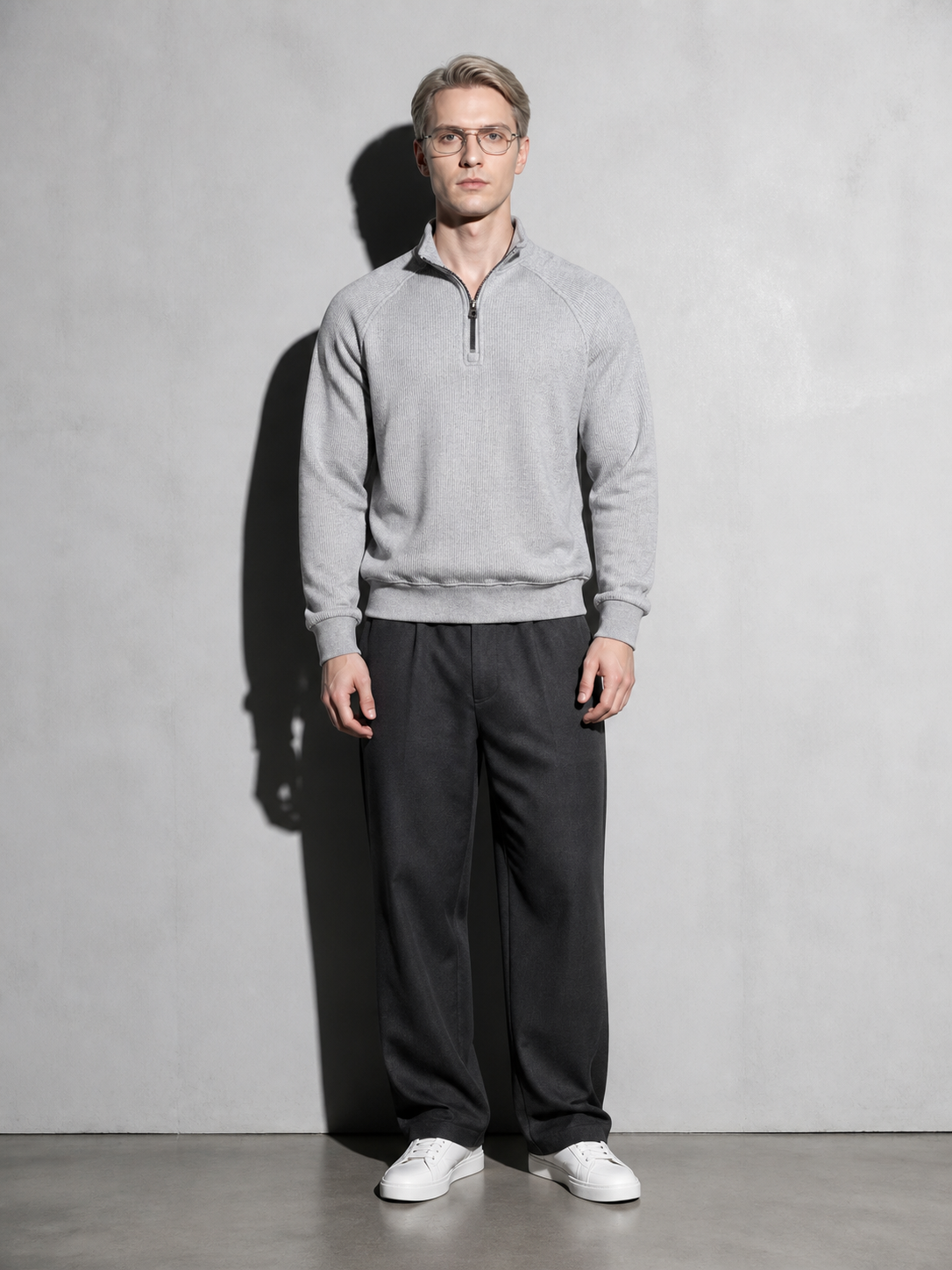 Code Culture catalog | european-and-american-half-zipper-sweater-stand-up-collar-all-match-fleece-mens-sweater-top | light-gray | full body