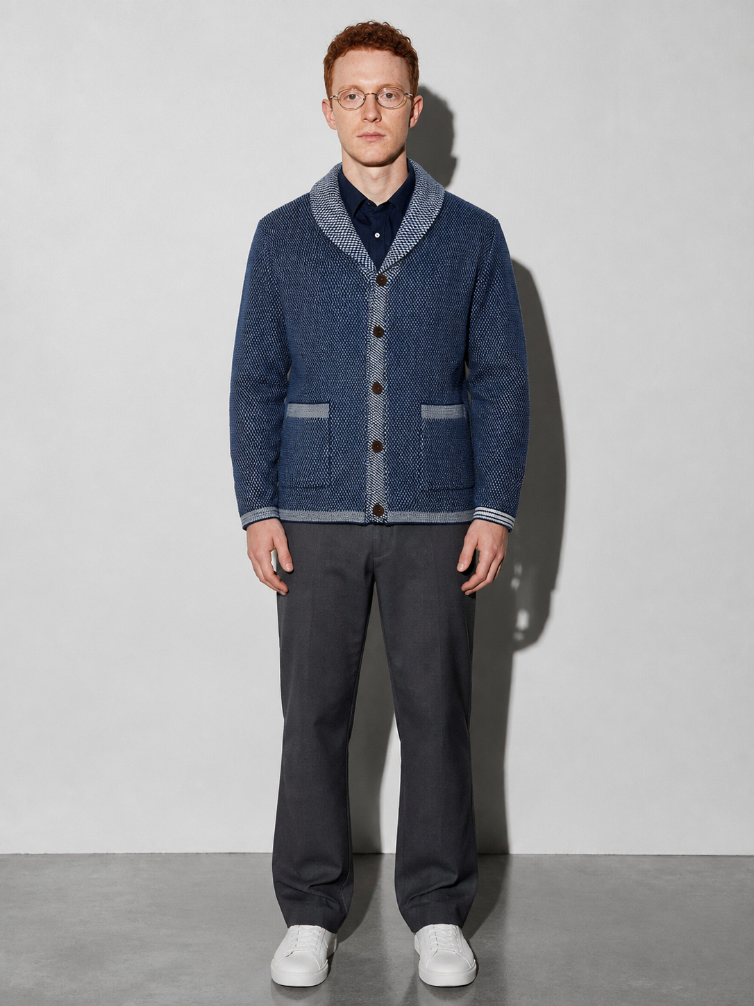 Code Culture catalog | mens-casual-jacquard-sweater-coat | navy-blue | full body