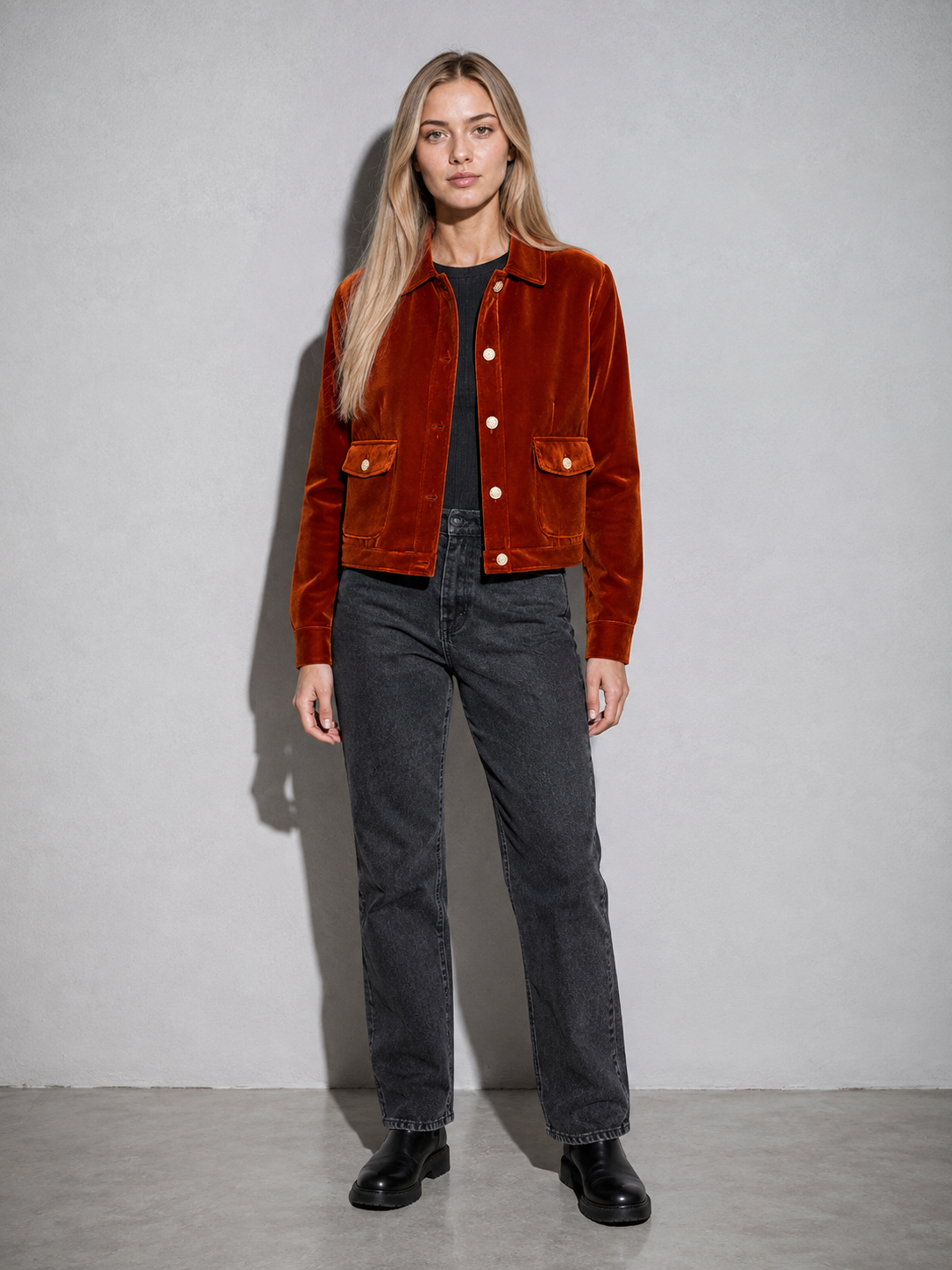 Code Culture catalog | pocket-flap-decoration-polo-collar-velvet-jacket | color-gold | full body