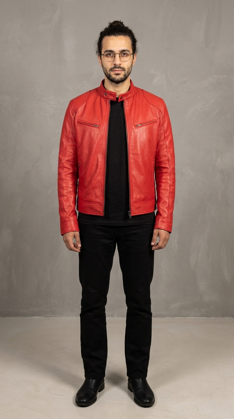 Code Culture catalog | mens-cardigan-zip-leather-jacket | bright-red | full body