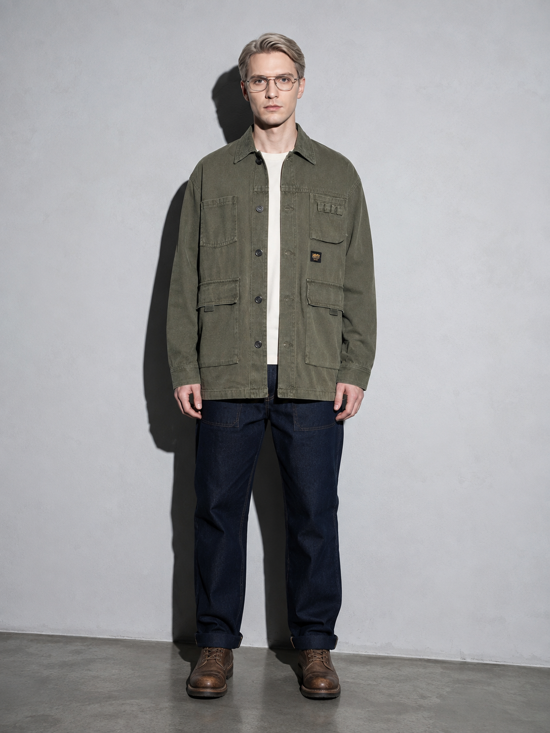 Code Culture catalog | mens-corduroy-collar-loose-workwear-jacket | color-army-green | full body