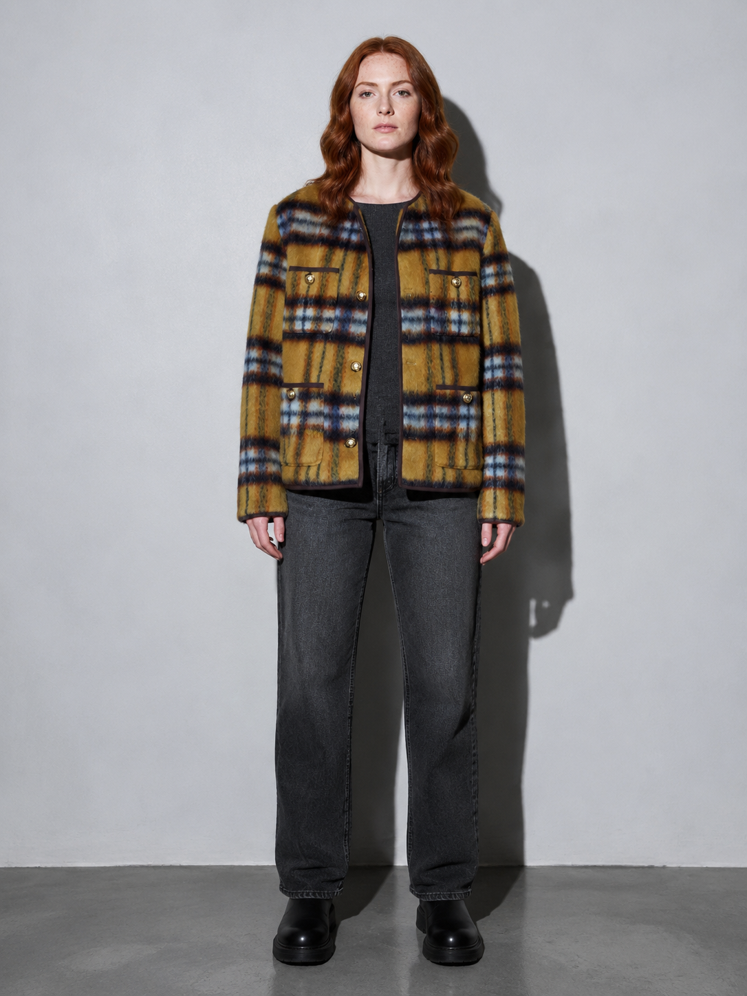 Code Culture catalog | mohair-plaid-vintage-long-woolen-collarless-jacket | color-yellow | full body