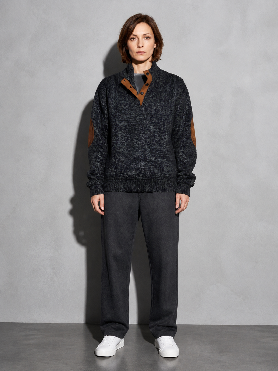 Code Culture catalog | stand-collar-long-sleeve-jacquard-knitted-pullover-sweater | dark-gray-2 | full body
