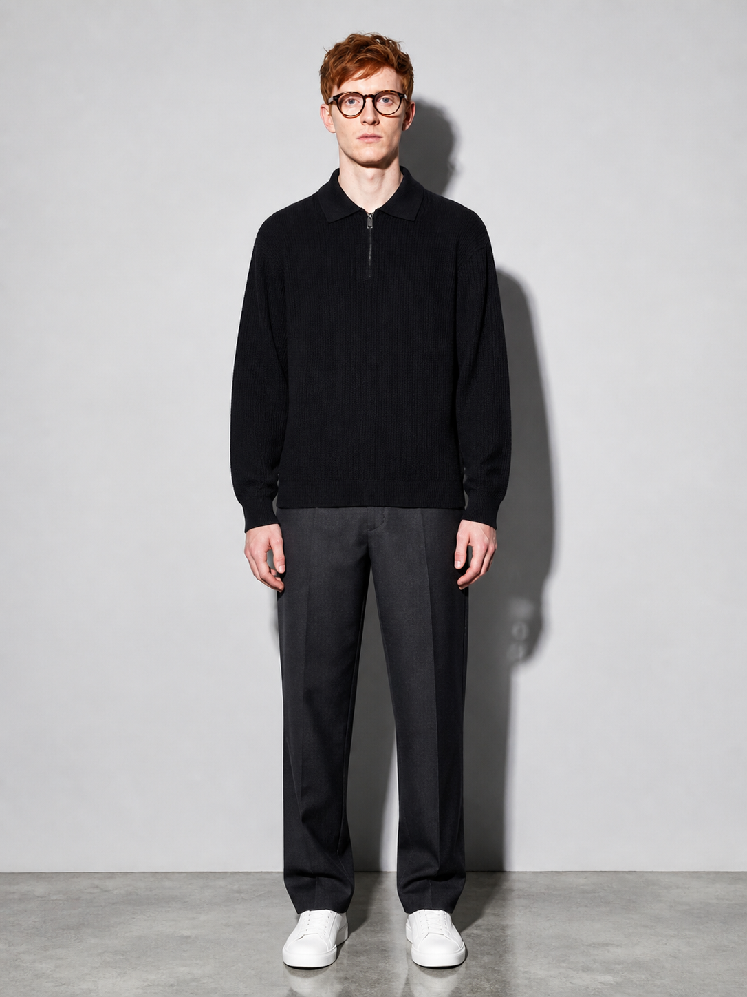 Code Culture catalog | mens-zip-up-polo-knit-sweater | black | full body